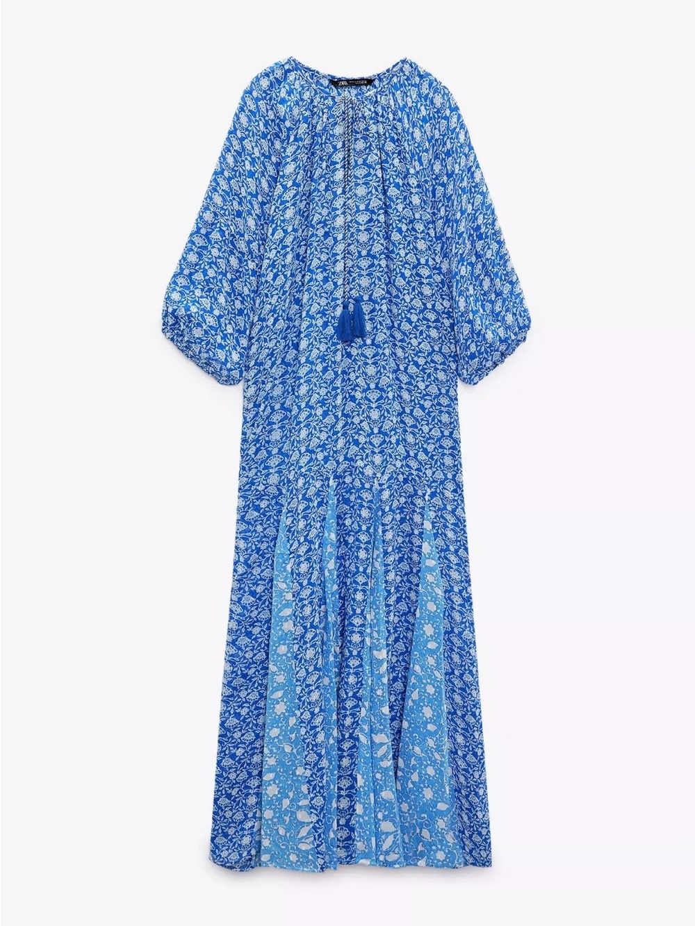 Blue Floral Maxi Dress with Tassel Tie